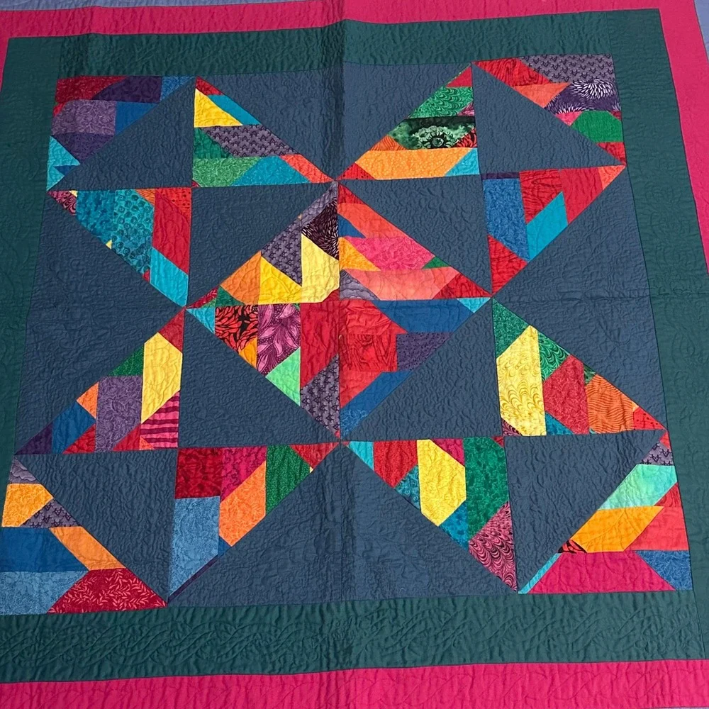 Signed Vintage 1993 Nancy Elliott MacDonald Crazy Patch Star Quilt 50x50 Cotton